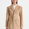 Manière De Voir Claire – Suede Wide Shoulder Cinch Waist Blazer – Beige