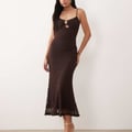 Bardot – Karla – Midi-Trägerkleid aus Spitze und Netzstoff in Schokobraun mit goldfarbenem Besatz