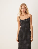 Gina Tricot – Midikleid aus Netzstoff in Schwarz mit weißem Punktemuster