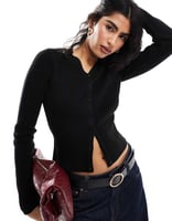 ASOS DESIGN – Strukturierte Strickjacke in Schwarz mit hoch angesetztem V-Ausschnitt
