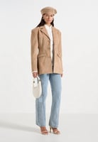 Manière De Voir Claire – Suede Wide Shoulder Cinch Waist Blazer – Beige