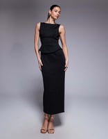 ASOS DESIGN – Midi-Bleistiftkleid aus neoprenartigem Material in Schwarz mit Schößchenoberteil im Korsettdesign