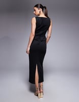 ASOS DESIGN – Midi-Bleistiftkleid aus neoprenartigem Material in Schwarz mit Schößchenoberteil im Korsettdesign