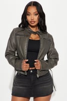 Leona Faux Leather Lace Up Jacket - Black