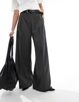 Monki, Elegante Hose in Dunkelgrau meliert mit weitem Schnitt und hohem Bund, image 2 of 4