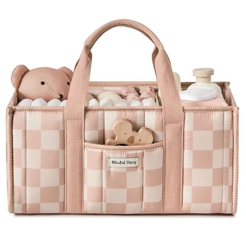 Blissful Diary Wickeltisch-Organizer, Wickelkorb für die Wickelstation, Stilvoller Wickelorganizer für Babybedarf, Unverzichtbares Geschenk zur Geburt und für die Baby-Wunschliste,Rosa kariert
