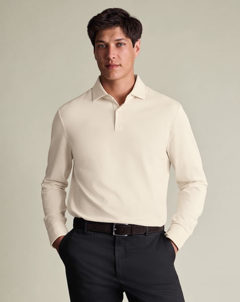 Charles Tyrwhitt DE Smartes langärmeliges Piqué-Polo - Cremefarben