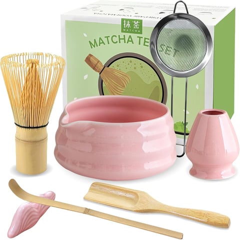 JBER Matcha Broom Set, Matcha Set Pink 7-Piece Bamboo