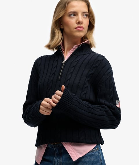 Lässiger Zopfmuster-Pullover mit Halbreißverschluss