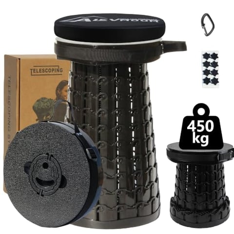 ALEVMOOM Tragbarer Teleskophocker mit Kissen & Tragetasche, 450kg, Schwarz