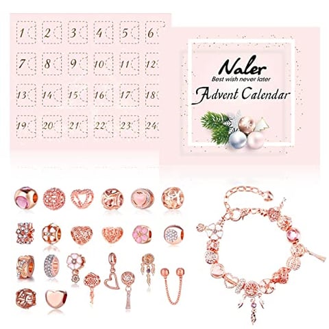 Naler Adventskalender Schmuck 2026 für Frauen & Mädchen, 24-teilig | Countdown bis Weihnachten: 22 Charms, 1 Armband und 1 Halskette. Roségoldfarbener DIY-Modeschmuck für die Adventszeit.