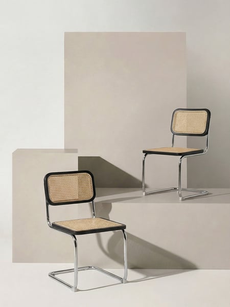 Lunel 2er-Set Stühle Holz und Rattan Metallbeine in Schwarz und Natur - Kenay Home