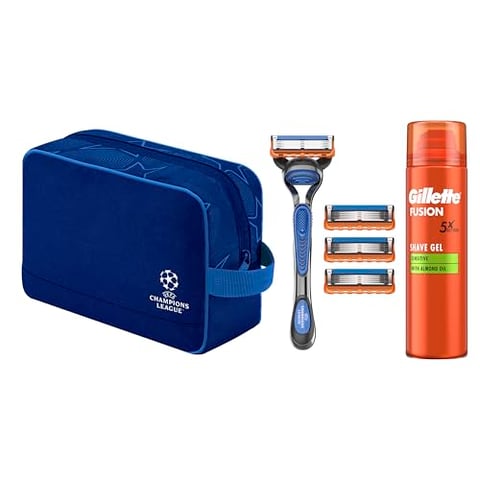Gillette Fusion5 Rasierer für Männer, UEFA Champions League Special Edition — Inkl. 1 Gillette Nassrasierer, 4 Ersatzklingen mit Gleitstreifen und 5 Klingen, Langanhaltende Rasur, Rasiergel 200 ml