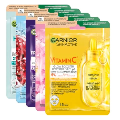 Garnier SkinActive Tuchmasken Set, Tuchmasken für das Gesicht, Feuchtigkeitsspendende Gesichtsmasken, Erfrischend, Revitalisierend, Glättend, Sanft strahlend, Glow boostend, 5 Stück
