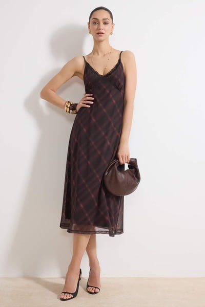 Damen-Maxikleid mit Karomuster, ärmellos, figurbetont, für Tag und Nacht