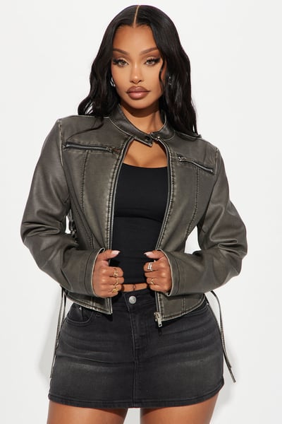Leona Faux Leather Lace Up Jacket - Black