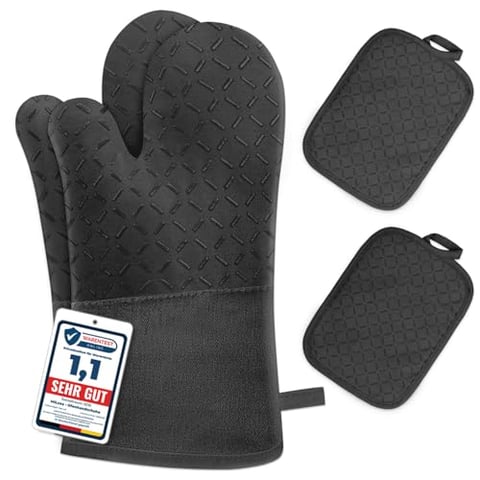 Ofenhandschuhe Hitzebestaendig bis 300°C Topflappen Handschuh Set, Schwarz