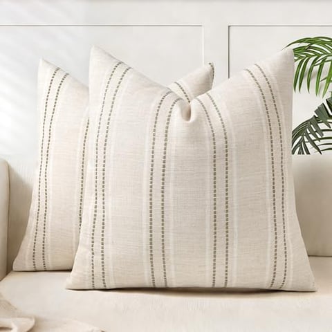 AELS 45.7x45.7 cm, dekorativer Bauernhaus-Leinen-Kissenbezug, strukturierter Boho-Kissenbezug, 2 Stück, beige mit weißen und braunen Nähten, gefärbt, gestreift, Couch, Wohnzimmer (nur Bezug)