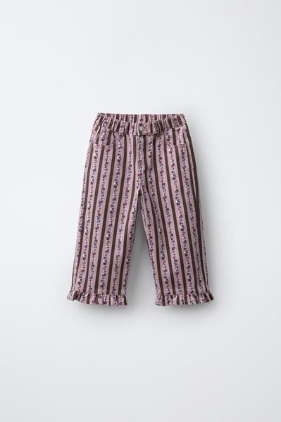ZARA STRIPED AND FLORAL PRINT TWILL STRAIGHT TROUSERS