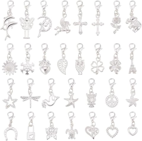 nbeads 30pcs Alloy Pendant Decoration, Tibetan Styles Dangle Metal Charms Alloy Pendant with Lobster Clasp for Stitch Marker Earrings Necklace Jewellery Crafts Silver