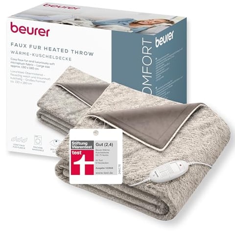 Beurer HD 75 Nordic Heizdecke, kuschelige Wärmedecke in Kunstfelloptik, mit 6 Temperaturstufen, maschinenwaschbar bei 30 °C, Heizdecke mit Abschaltautomatik, beige / braun, 180 x 130 cm