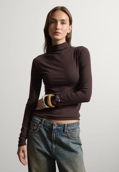Stefanel Langarmshirt mit Stehkragen, Dunkelbraun