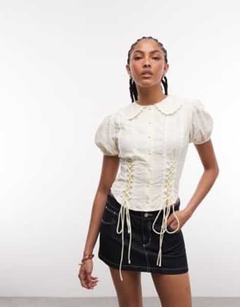 Daisy Street – Boho-Bluse in Buttermilchgelb mit Knopfleiste und seitlicher Schnürung