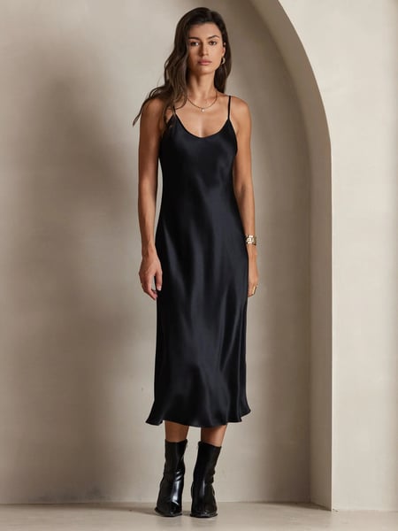 Silksilky 100% Maulbeerseide Midikleid mit Spaghettiträgern