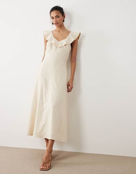 Mango – Midikleid aus Leinenmix in Cremeweiß