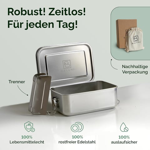 Premium Edelstahl Brotdose mit Trenner und Ersatzdichtung