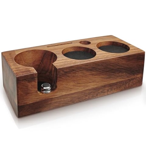 HOLIHOKY Tamperstation 58mm, Tamperstation Holz für Siebträger 58mm, Walnuss Barista Tamping Station für Espreso Zubehör mit Silikonkissen, Einstellbare Höhe