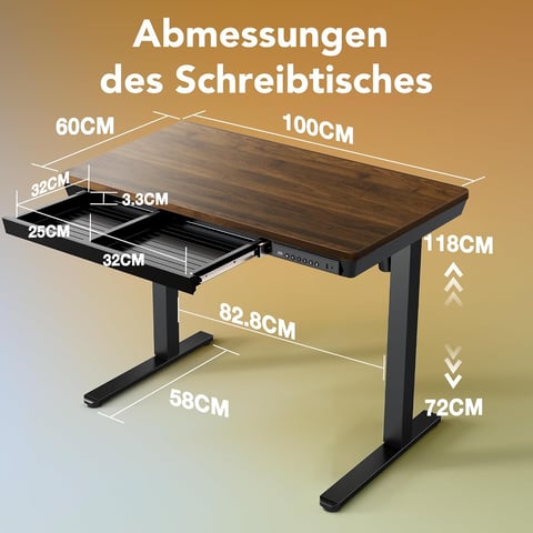 HUANUO Height-adjustable desk with drawer, 100 x 60 cm, walnut | Whole table top, USB charging port