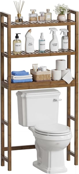 SMIBUY Bamboo Toilet Shelf, Adjustable Washing Machine Shelf, Bathroom Shelf with 3 Shelves