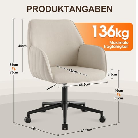 BERYTH Desk Chair, Office Chair, Home Office, Swivel Chair, Velvet Make-Up Chair with Armrests