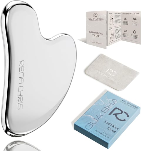 Rena Chris Stainless Steel Gua Sha Stone, Guasha Stone for a Defined Jaw Line, Facial Swelling, Skin Care Gift - Silver