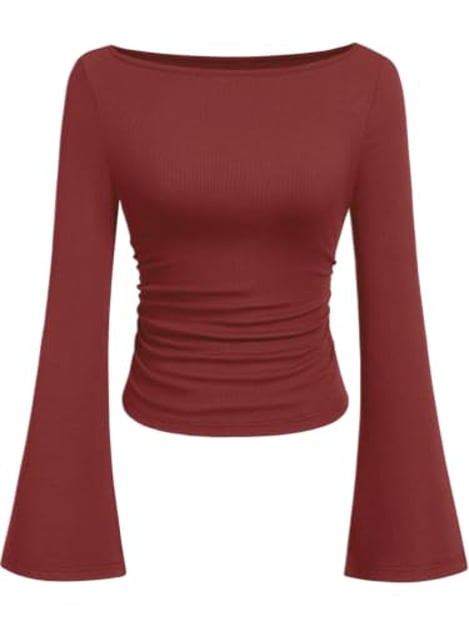 Cuptacc Damen Top Slim Fit Top Glockenärmel Weich Herbst Bordeauxrot XXL | U-Boot-Ausschnitt Longsleeve,Trompetenärmel Shirt Langarm,Rippstrick Oberteil,Figurbetont Tops,Seitlich Gerafft,Y2K-Stil