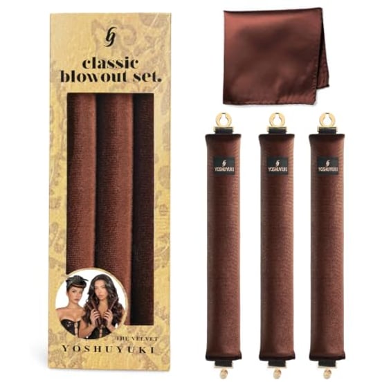 YOSHUYUKI Heatless Overnight Hair Curling Set - Large Silk Brown Rods for Blowout Curls, No Heat Styling Tools with Headband Wrap for Short Hair