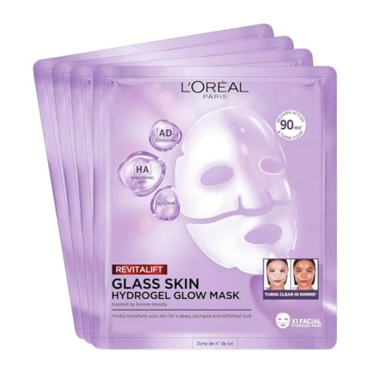 L'Oréal Paris Glass Skin Hydrogel 4er Maskenbox, für aufgepolsterte & glowy Haut, feuchtigkeitsspendend & glättend, [mit Hyaluronsäure], Revitalift Filler, Vorteilsset, 100g