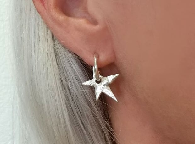 Hammered Sterling Silver Star Hoop Earrings
