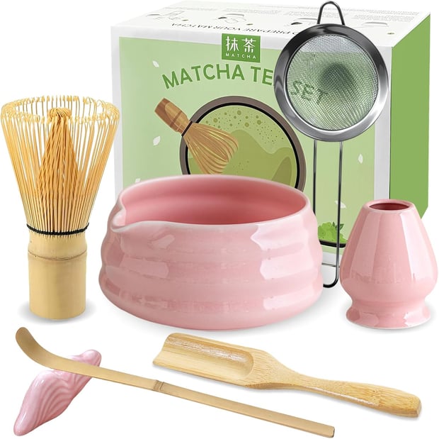 JBER Matcha Broom Set, Matcha Set Pink 7-Piece Bamboo 