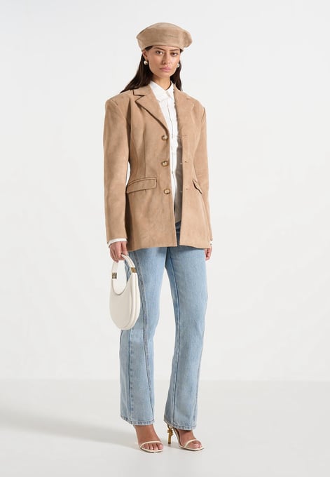 Manière De Voir Claire – Suede Wide Shoulder Cinch Waist Blazer – Beige