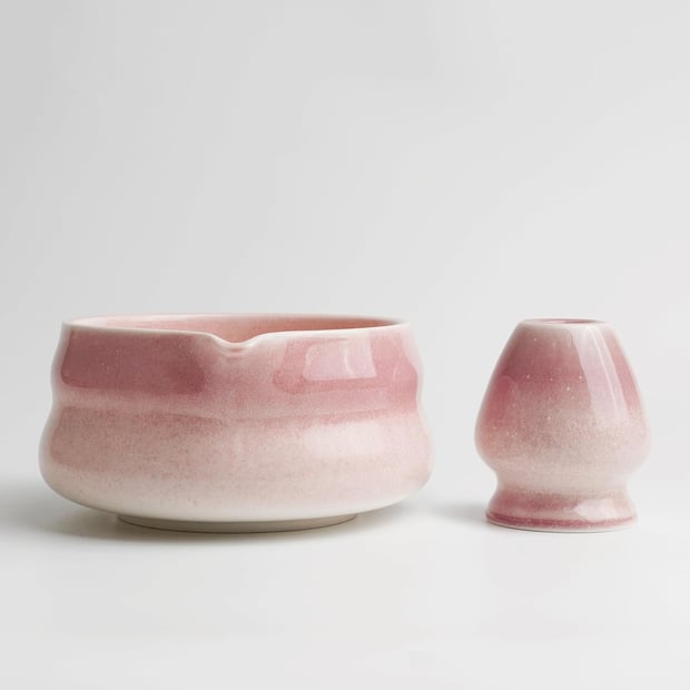 Premium Matcha Set of 6 - Exclusive Matcha Tea Set with Bamboo Chasen (Broom), Pink Ceramic Bowl