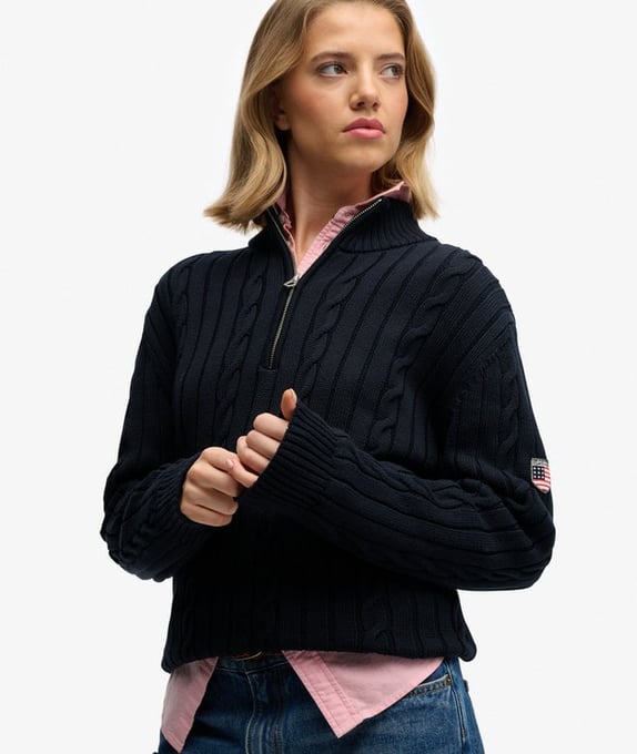 Lässiger Zopfmuster-Pullover mit Halbreißverschluss