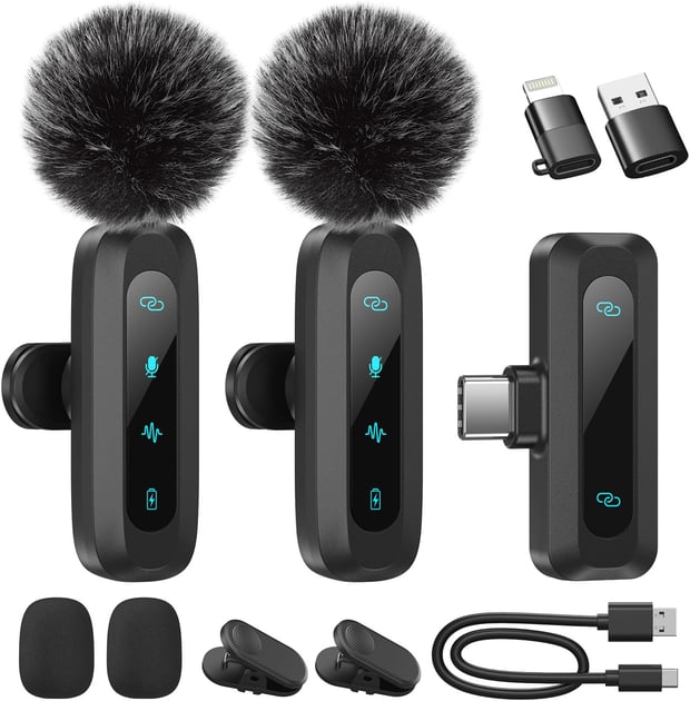 Wireless Lavalier Microphone for iPhone, iPad, Android Phone, 2-Pack
