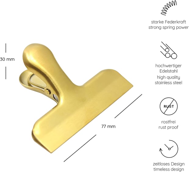 Heimzeit Pack of 8 Locking Clips Made of High-Quality Stainless Steel in Gold | Sealing Clips for Food Bags, Bags and Documents, 77 x 20 x 30 mm, Coloured Sealing Clips, Strong Spring Force