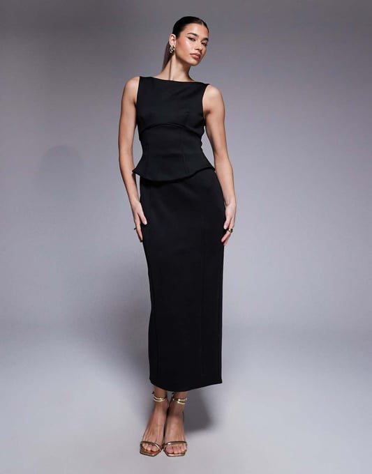 ASOS DESIGN – Midi-Bleistiftkleid aus neoprenartigem Material in Schwarz mit Schößchenoberteil im Korsettdesign