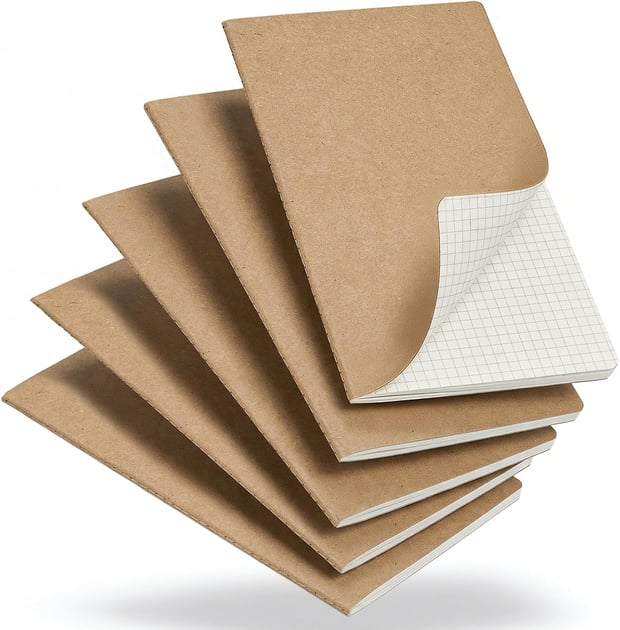 Set of 5 notebooks, A5, squared, kraft paper notebooks with thread binding | 60 pages, 80 g/m² beige paper, 5 x 5 mm squared, flat for school, office, travel and notes