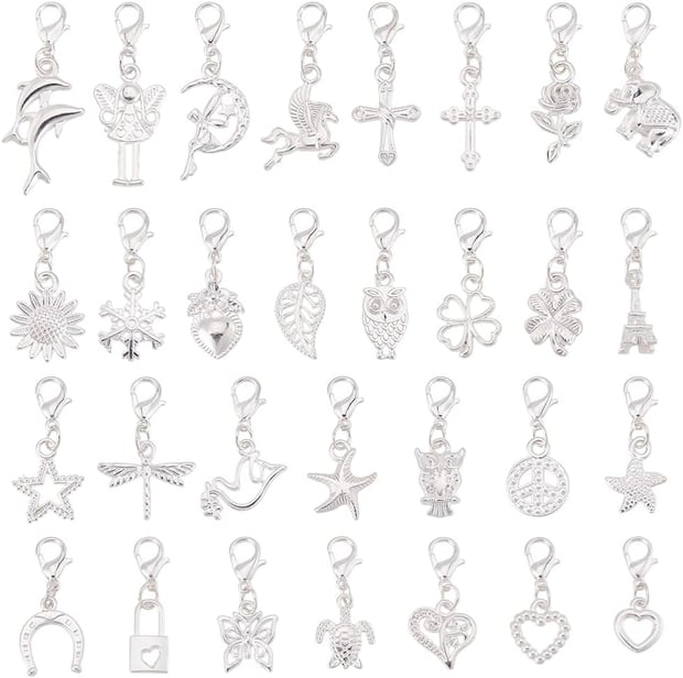 nbeads 30pcs Alloy Pendant Decoration, Tibetan Styles Dangle Metal Charms Alloy Pendant with Lobster Clasp for Stitch Marker Earrings Necklace Jewellery Crafts Silver