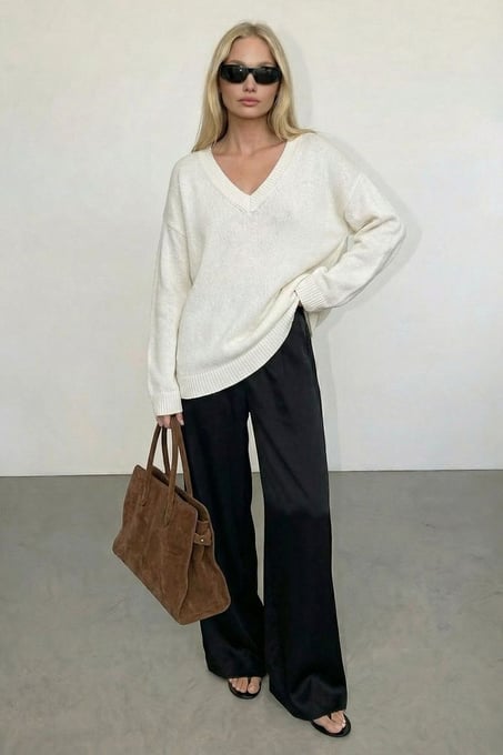 Satin-Hose mit elastischem Bund und mittlerer Leibhöhe Schwarz