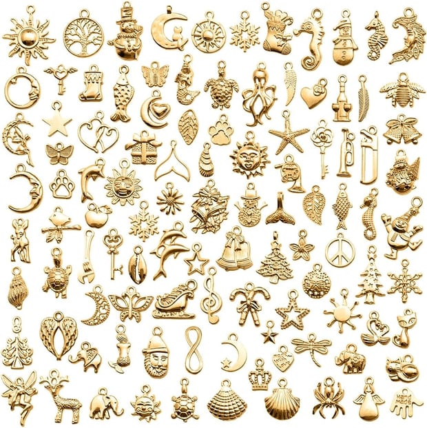 VYZUTR Pack of 100 Charms Pendants for Jewellery Crafts, Mixed Pendant Chain and Vintage Aesthetic, Bracelet, Earrings, Necklace, Gold